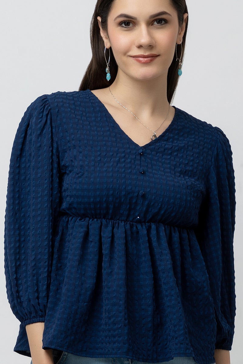 7OUNCE Blue Women's V-Neck Textured Peplum Top - Image 2